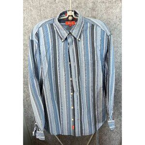 Facconable Mens Striped poplin Button-Down Shirt M Blue & White 100% Cotton
